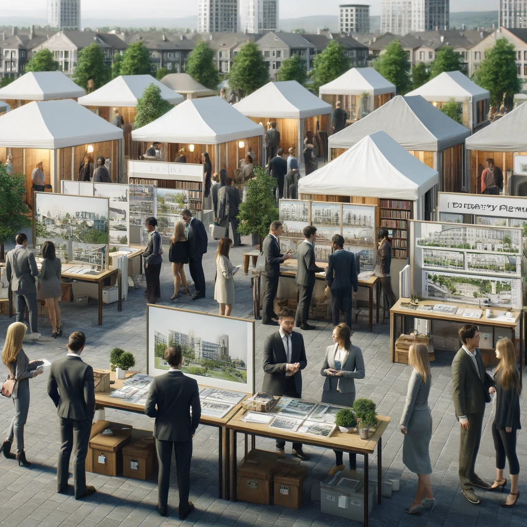 A photorealistic image of a bustling outdoor property market. The scene includes various stalls and booths displaying property listings and architectural models, with people of diverse backgrounds engaging in discussions and reviewing plans.